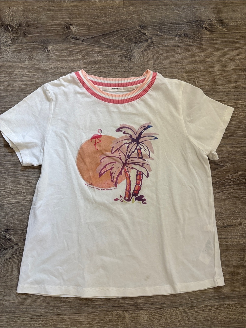 Zimmermann White Tee with Pink Trim and Tropical Graphic